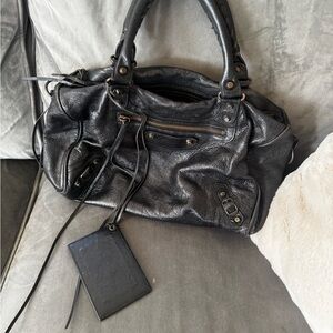 Black Shoulder Bag with Double Handles and Relaxed Shape